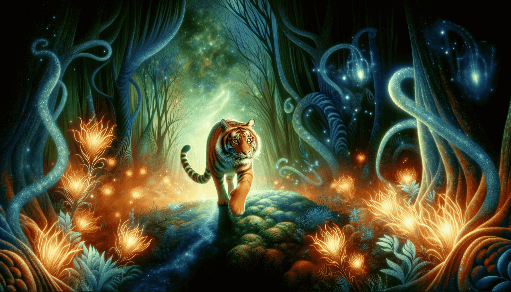 Arte digital de um tigre explorando uma floresta mística