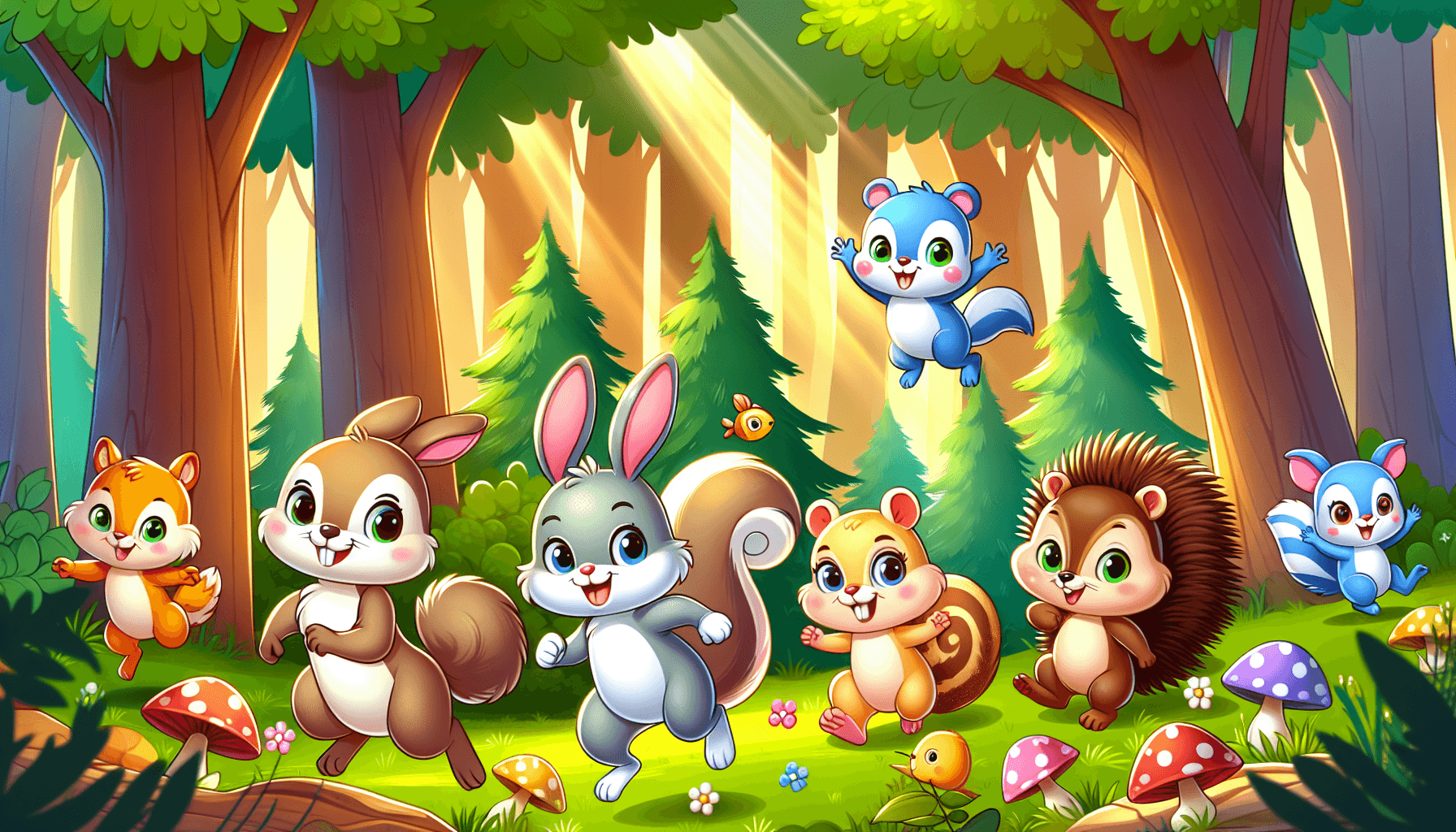 Cena divertida de pequenos animais em uma floresta
