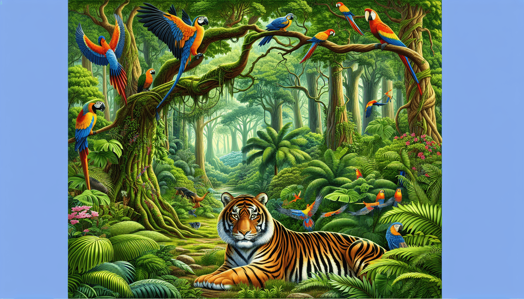 Cena de selva vibrante com um tigre majestoso